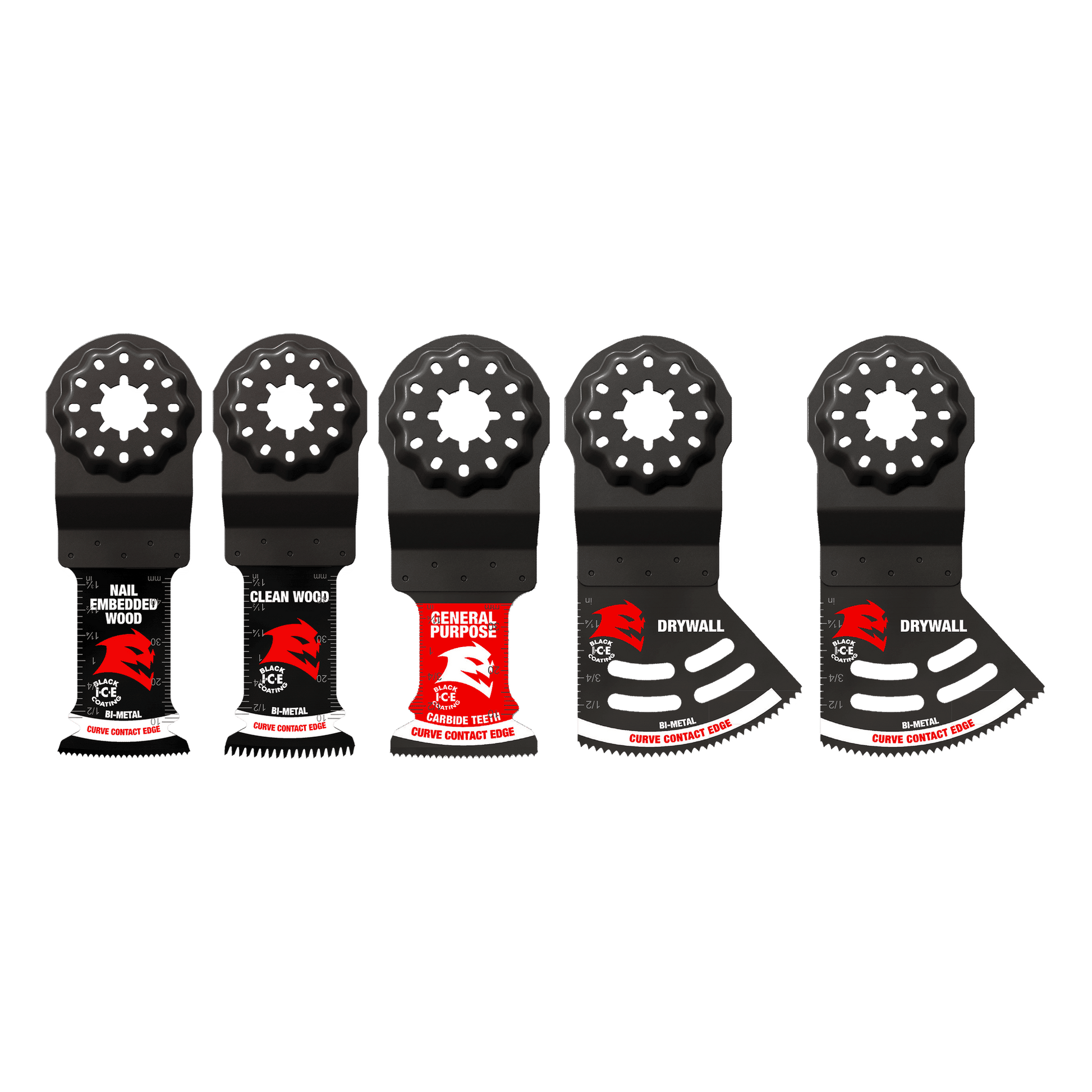 Five black oscillating saw blades with Starlock connectors for nail-embedded wood, clean wood, general purpose, and drywall c