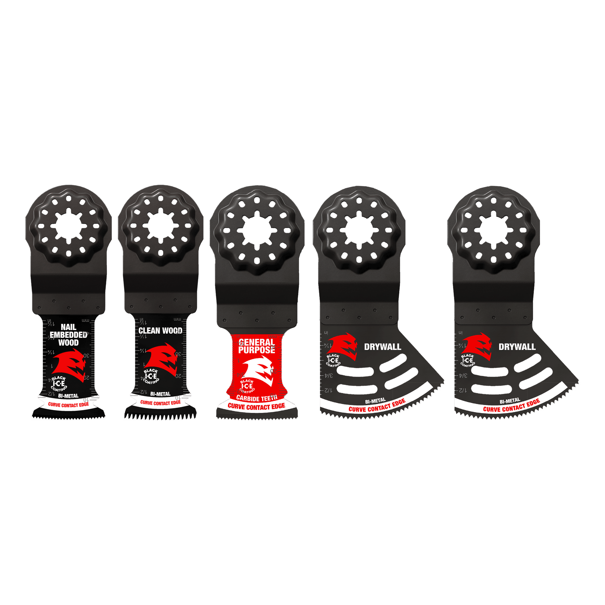 Five black oscillating saw blades with Starlock connectors for nail-embedded wood, clean wood, general purpose, and drywall c