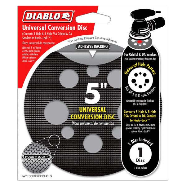 Black 5-inch universal conversion disc with adhesive backing and hole pattern for orbital and DA sanders.