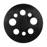 Black circular sanding pad with eight white mounting holes arranged symmetrically around center.