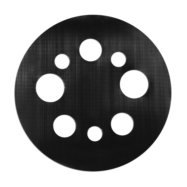 Black circular sanding pad with eight white mounting holes arranged symmetrically around center.