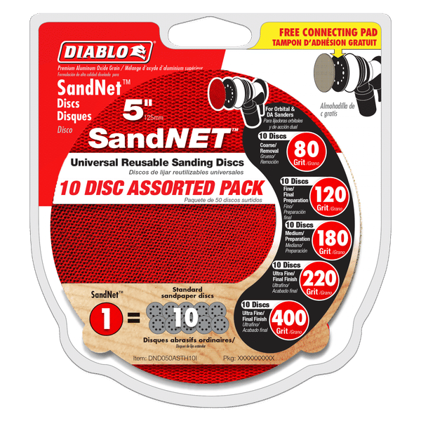 Diablo SandNET 5-inch assorted sanding disc pack with 10 discs in 80, 120, 180, 220, and 400 grit.