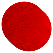 Red circular sanding disc with mesh texture surface, 5 inches diameter.