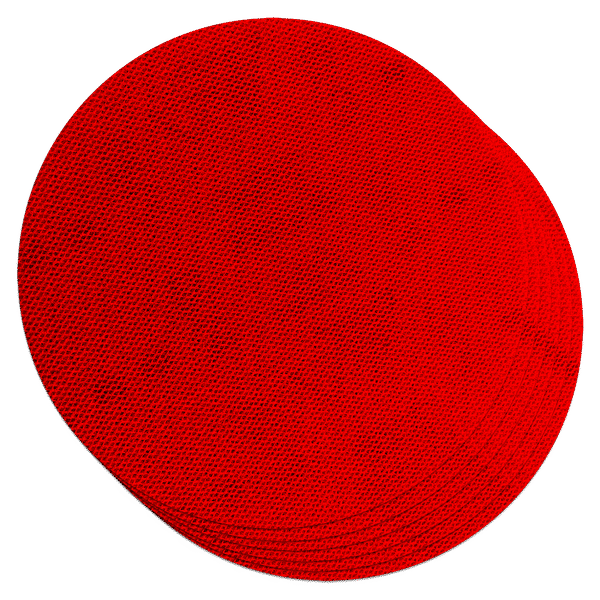Red circular sanding disc with mesh texture surface, 5 inches diameter.