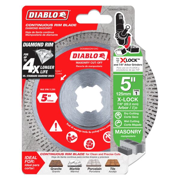 Diablo 5-inch diamond continuous rim masonry cut-off blade with X-LOCK arbor on retail packaging.
