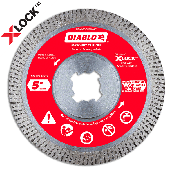 5-inch Diablo diamond masonry cut-off blade with red center hub and X-LOCK arbor compatibility.
