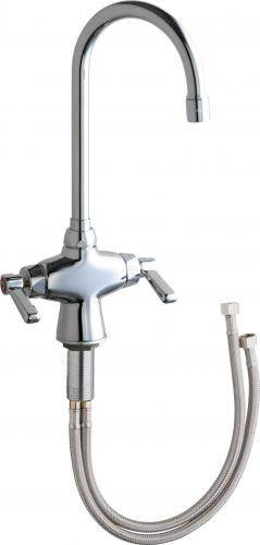 Chrome deck-mounted faucet with high gooseneck spout, two handles, and attached flexible hose.