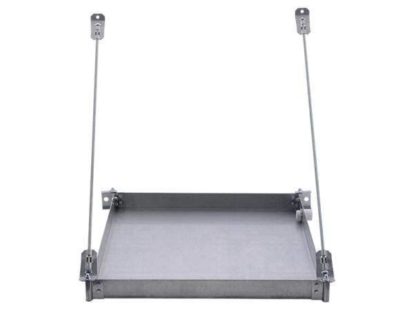 Gray wall-mounted platform with metal brackets and two suspension cables for supporting a water heater unit.