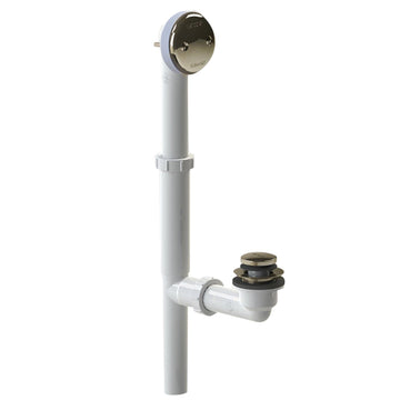 Brushed nickel foot-actuated bath waste kit with vertical white pipe, overflow opening at top, and drain valve at bottom.