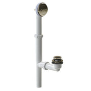 White PVC drain assembly with matte black metal overflow cover and stopper mechanism for bathtub installation.