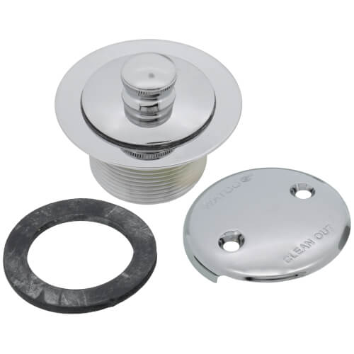 Brushed nickel push-pull bath waste kit with stopper, overflow ring, and gasket components displayed separately.