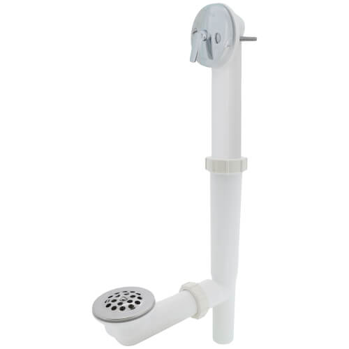 White PVC bath waste kit with metal strainer grid and slip lock trip lever overflow assembly for tub drains.