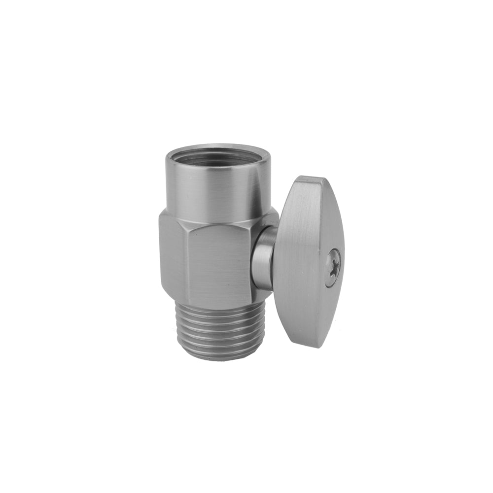 Matte black lever pause control attachment with threaded inlet, outlet connection, and flat handle valve.