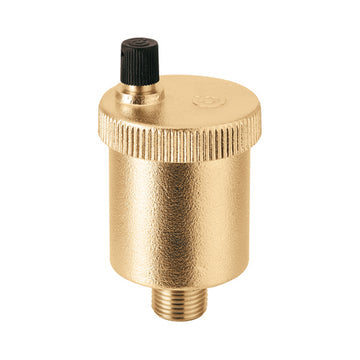 Brass automatic air vent with 1/2" NPT male connection and black knob valve on top.