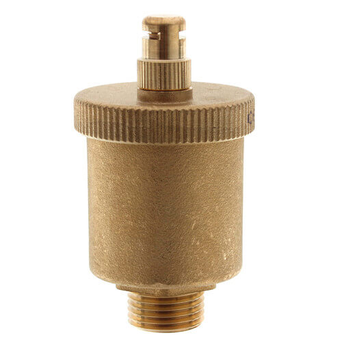 Brass automatic air vent with cylindrical body, knurled cap, and threaded male connection port.