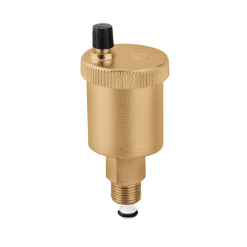 Brass air vent valve with black hygroscopic cap and male threaded connection.