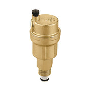 Brass automatic air vent with 1/4" connection and black valve cap on top.