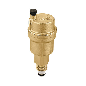 Brass automatic air vent with 1/4" connection and black valve cap on top.