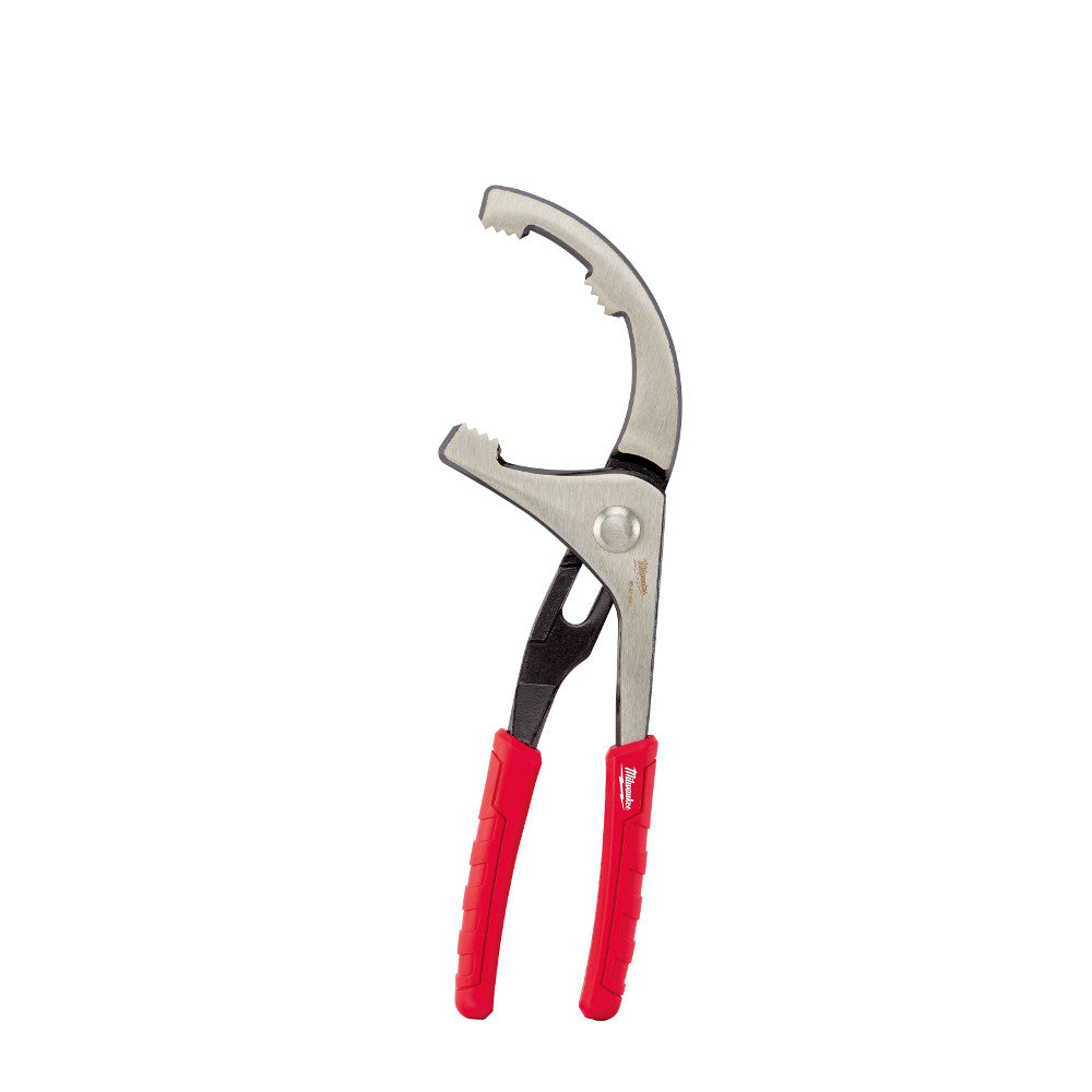 Silver and black pliers with red handles and curved jaws designed for gripping cylindrical objects.