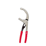 Silver and black pliers with red handles and curved jaws designed for gripping cylindrical objects.