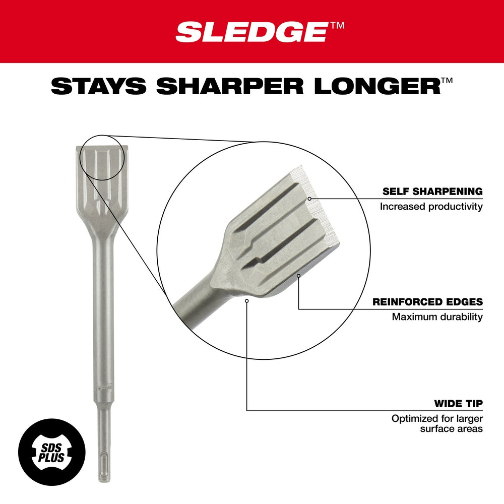 Milwaukee SDS-Plus scale chisel with 1-1/2 inch wide tip and reinforced edges for concrete and masonry work.
