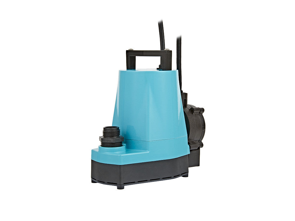 Blue and black submersible grinder pump with handle and electrical cord attached.