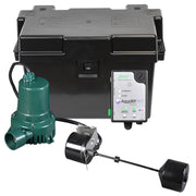 Zoeller 12V DC backup sump pump system with black control box, green submersible pump, float switch, and battery backup motor