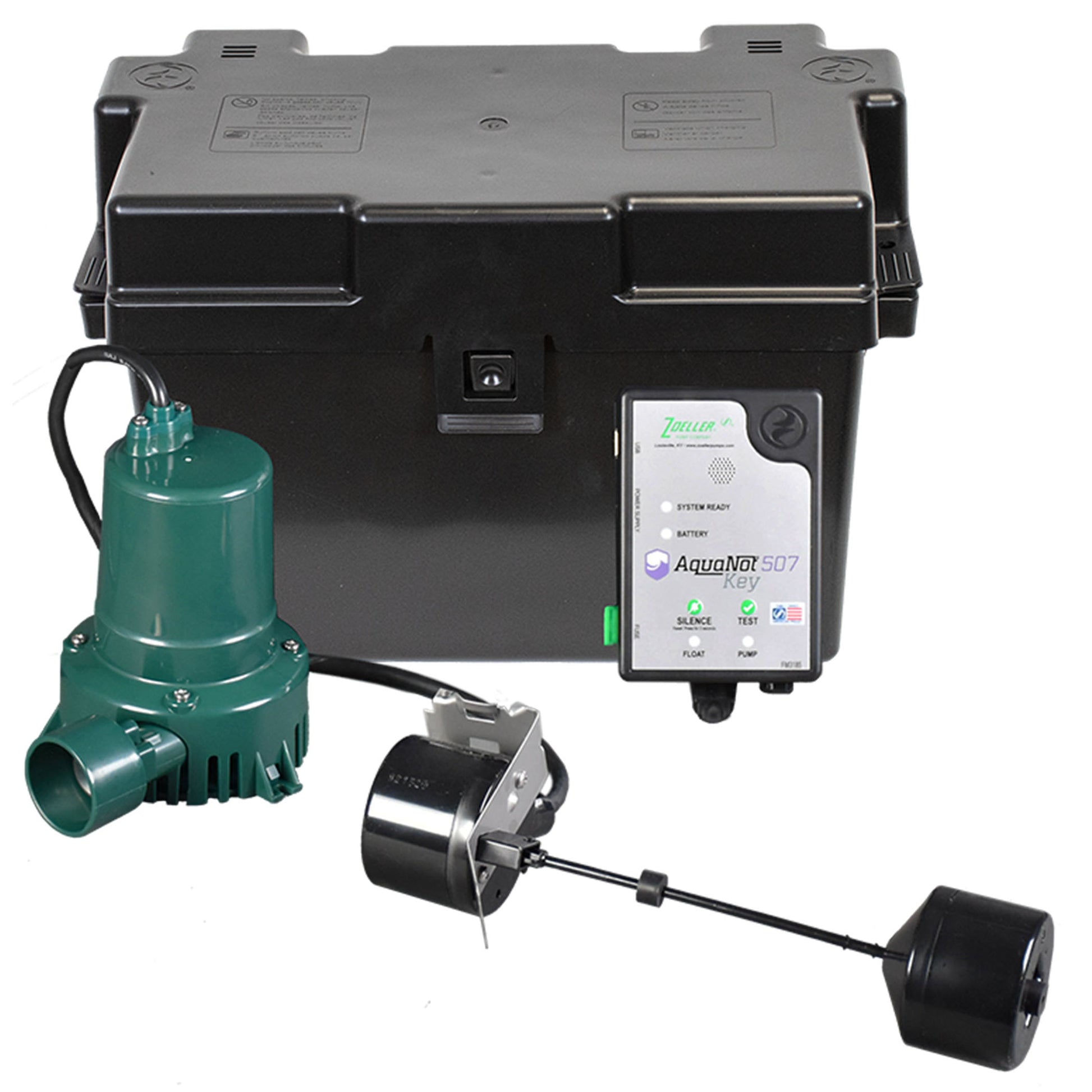 Zoeller 12V DC backup sump pump system with black control box, green submersible pump, float switch, and battery backup motor
