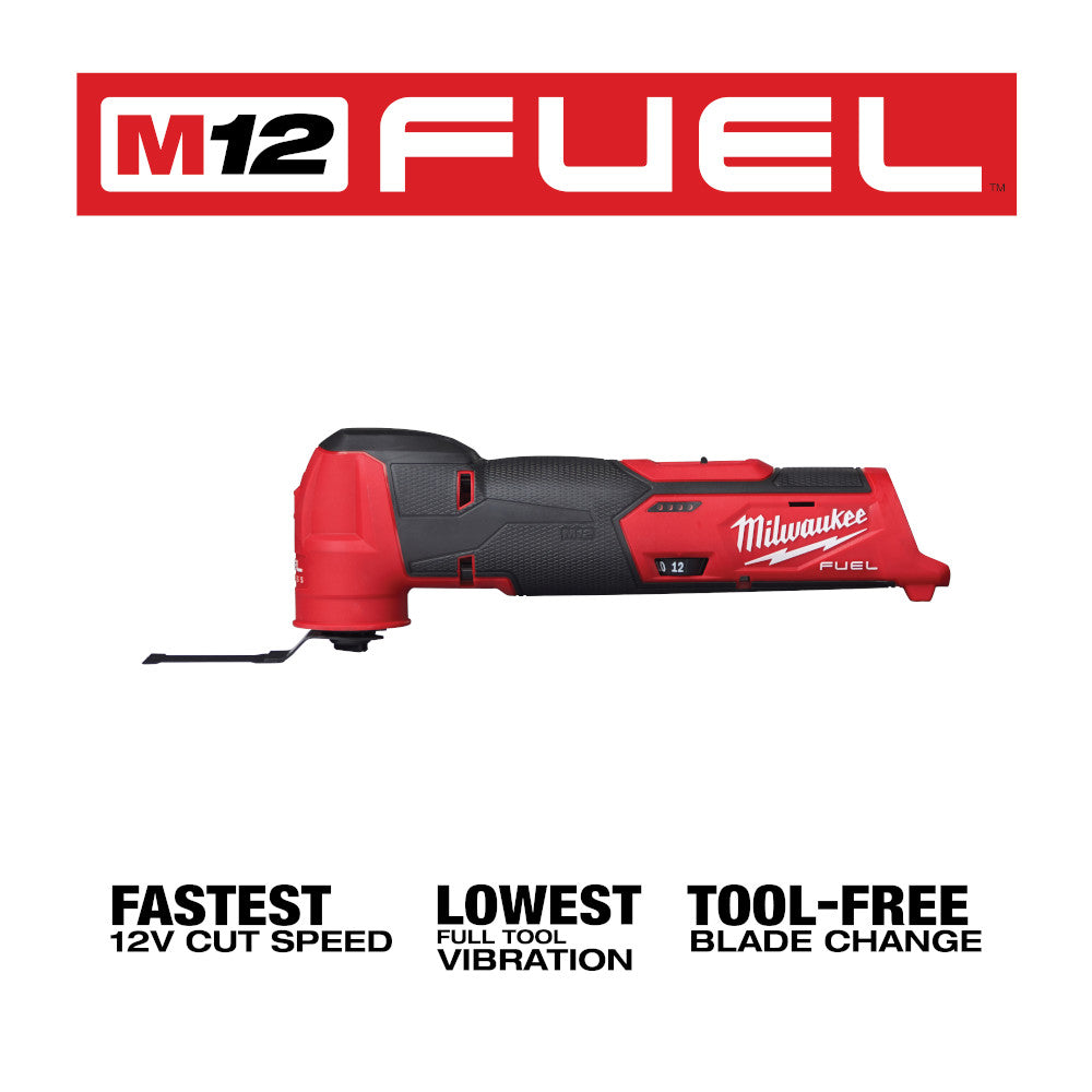 Milwaukee M12 FUEL oscillating multi-tool with red and black housing, shown from the side with blade attachment.