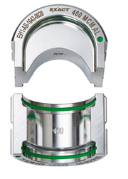 Milwaukee EXACT 400 MCM aluminum U-style die shown from top and bottom views with green bands and gray metal housing.