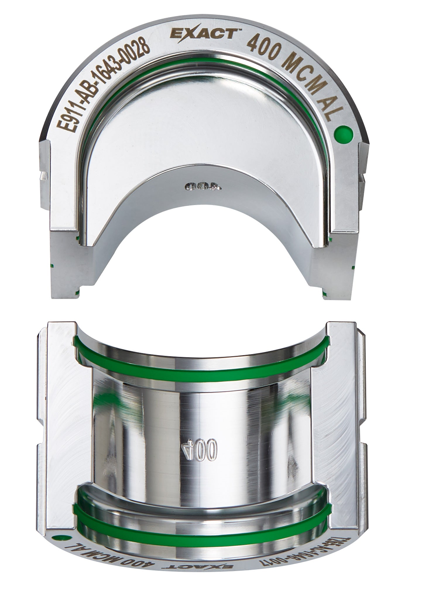 Milwaukee EXACT 400 MCM aluminum U-style die shown from top and bottom views with green bands and gray metal housing.