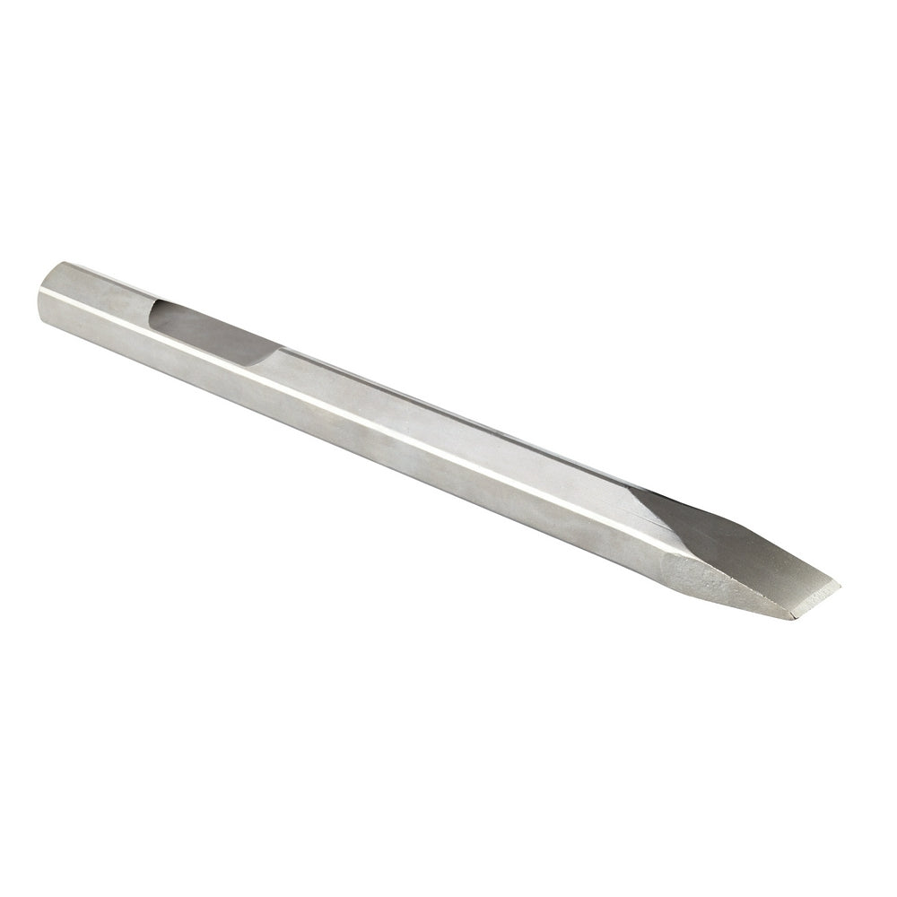 Steel narrow chisel with hexagonal shaft and angled cutting edge, approximately 16 inches long.