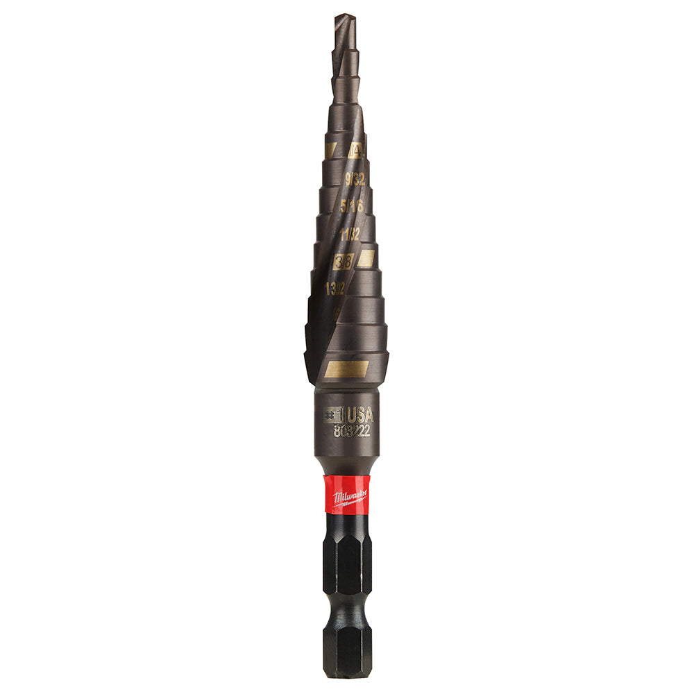 Milwaukee Shockwave Impact Duty step bit with black fluted shaft, gold markings, red band, and black hex drive end.