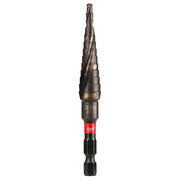 Milwaukee Shockwave Impact Duty step bit with black fluted shaft, gold markings, red band, and black hex drive end.