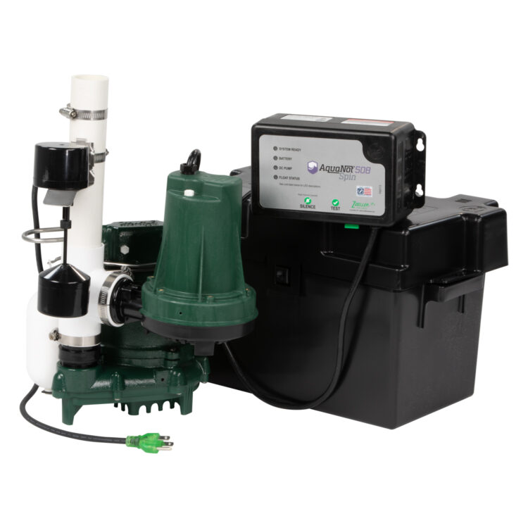 Sump pump system with green submersible pump, white standpipe, black control box with display panel, and battery backup unit.