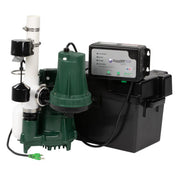 Zoeller sump pump system with green submersible pump, black control box, white vertical pipe, and power cord.