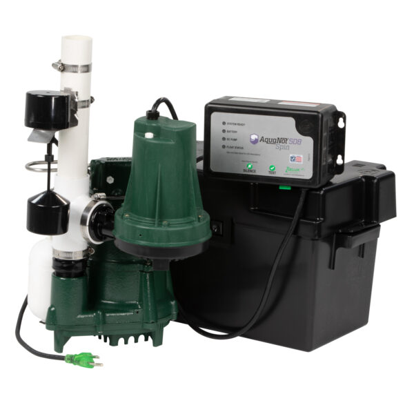Zoeller sump pump system with green submersible pump, black control box, white vertical pipe, and power cord.