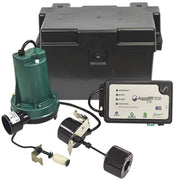 Backup sump pump system with green submersible pump, black battery backup box, control panel with status lights, and float sw