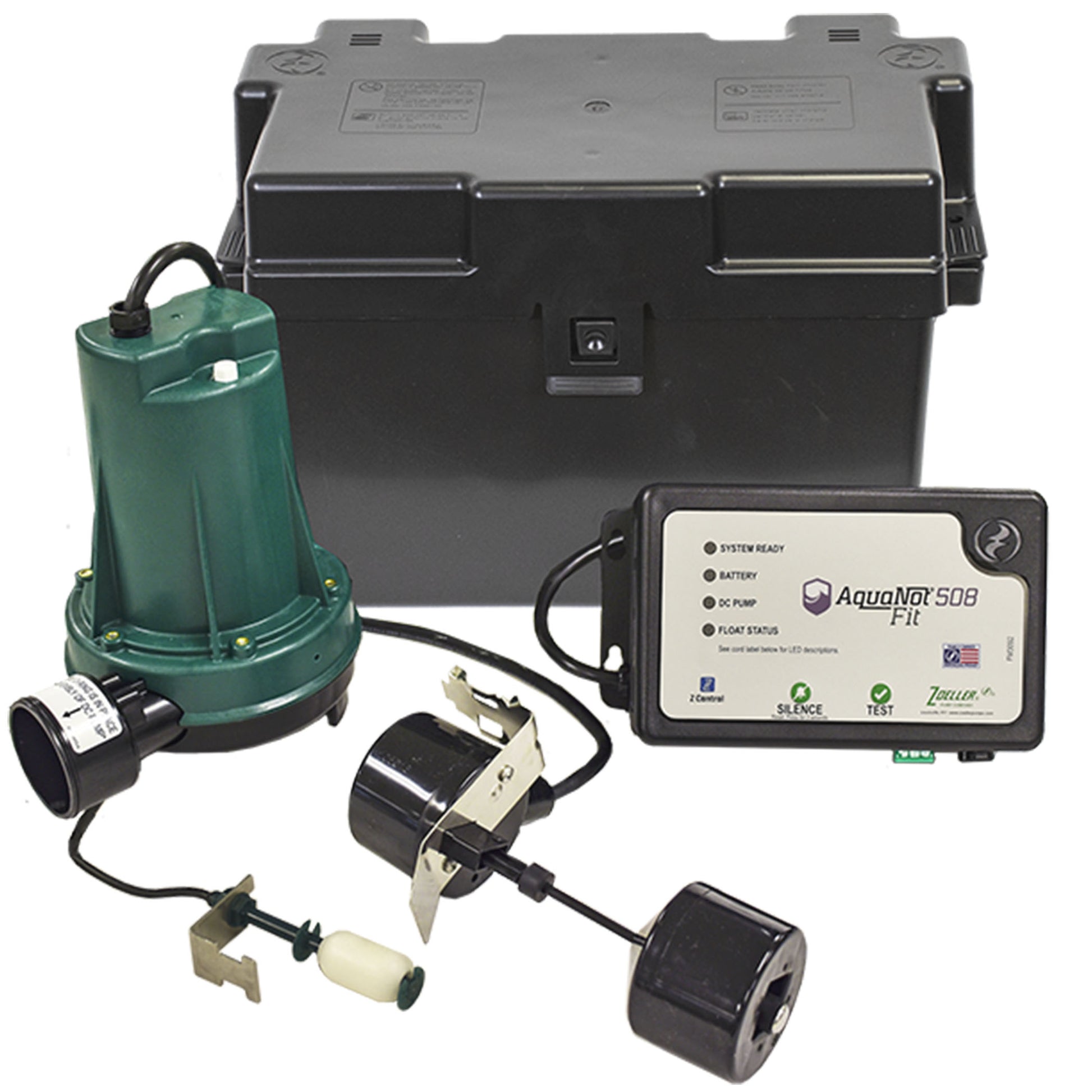 Backup sump pump system with green submersible pump, black battery backup box, control panel with status lights, and float sw