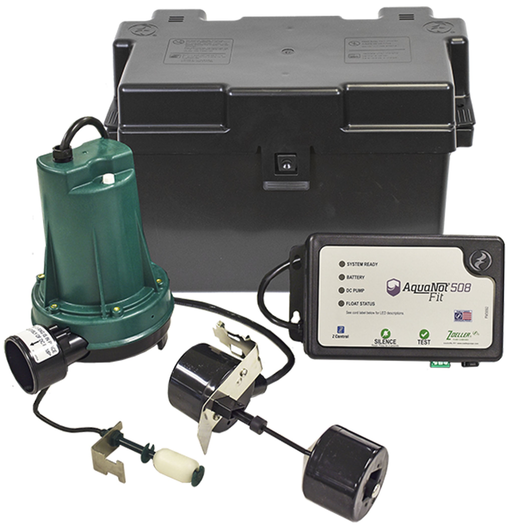Backup sump pump system with green submersible pump, black battery backup box, control panel with status lights, and float sw