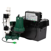 Green submersible sump pump with white discharge line, black control panel, and black battery backup basin on white backgroun