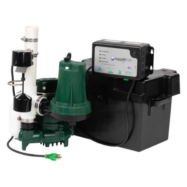 Green submersible sump pump with white discharge line, black control panel, and black battery backup basin on white backgroun