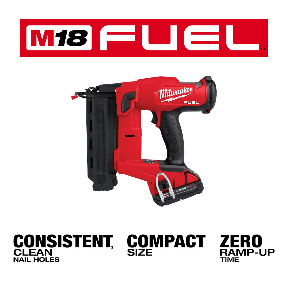 Milwaukee M18 FUEL red and black cordless brad nailer with battery and charger kit.