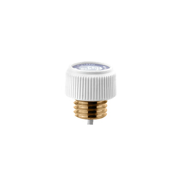 White ribbed plastic cap with brass threaded base and blue center disc.