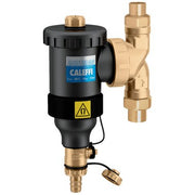 Brass dirt separator with black cylindrical magnet housing, union sweat connections, and drain valve at bottom.