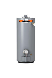 State ProLine 40-gallon gray natural gas water heater with orange and black label, control panel, and vent pipe on top.