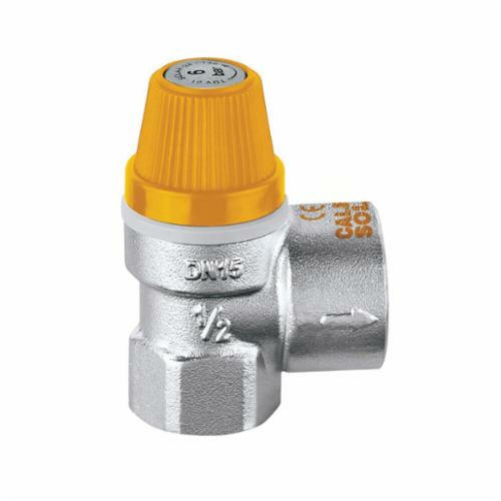 Chrome safety relief valve with yellow cap and side outlet connection marked 1/2 inch.