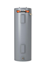 Tall gray cylindrical electric water heater with State ProLine branding, orange panel top, control access doors, and brass va