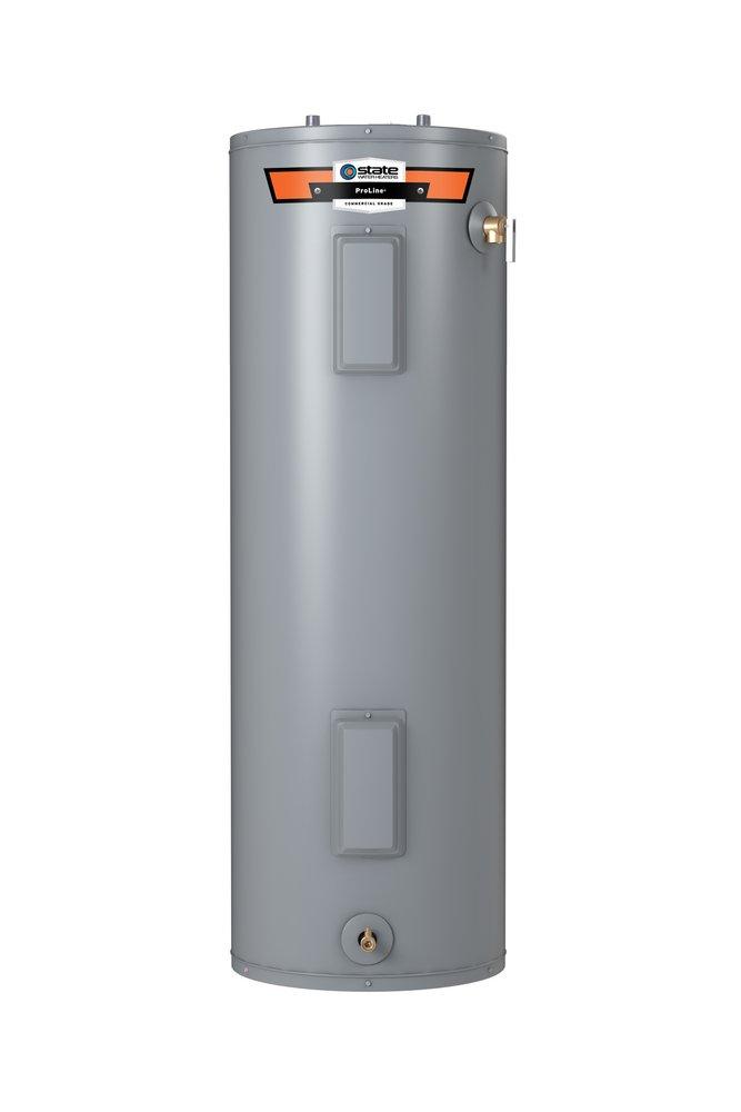 Tall gray cylindrical electric water heater with State ProLine branding, orange panel top, control access doors, and brass va