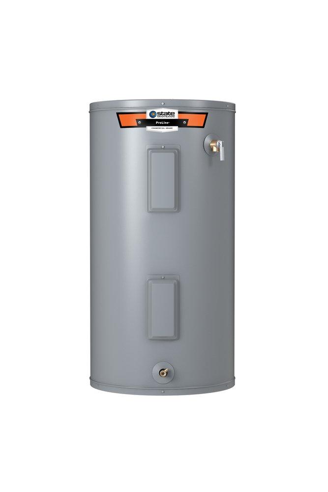 Tall gray cylindrical electric water heater with State ProLine label and orange accent band at top.
